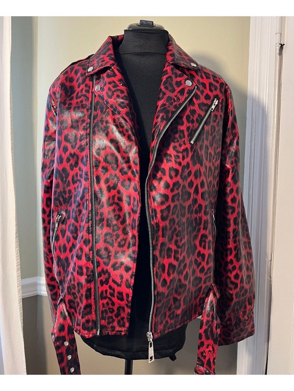 boohooMAN XL Red and Black Leopard Print Faux Leather Biker Jacket